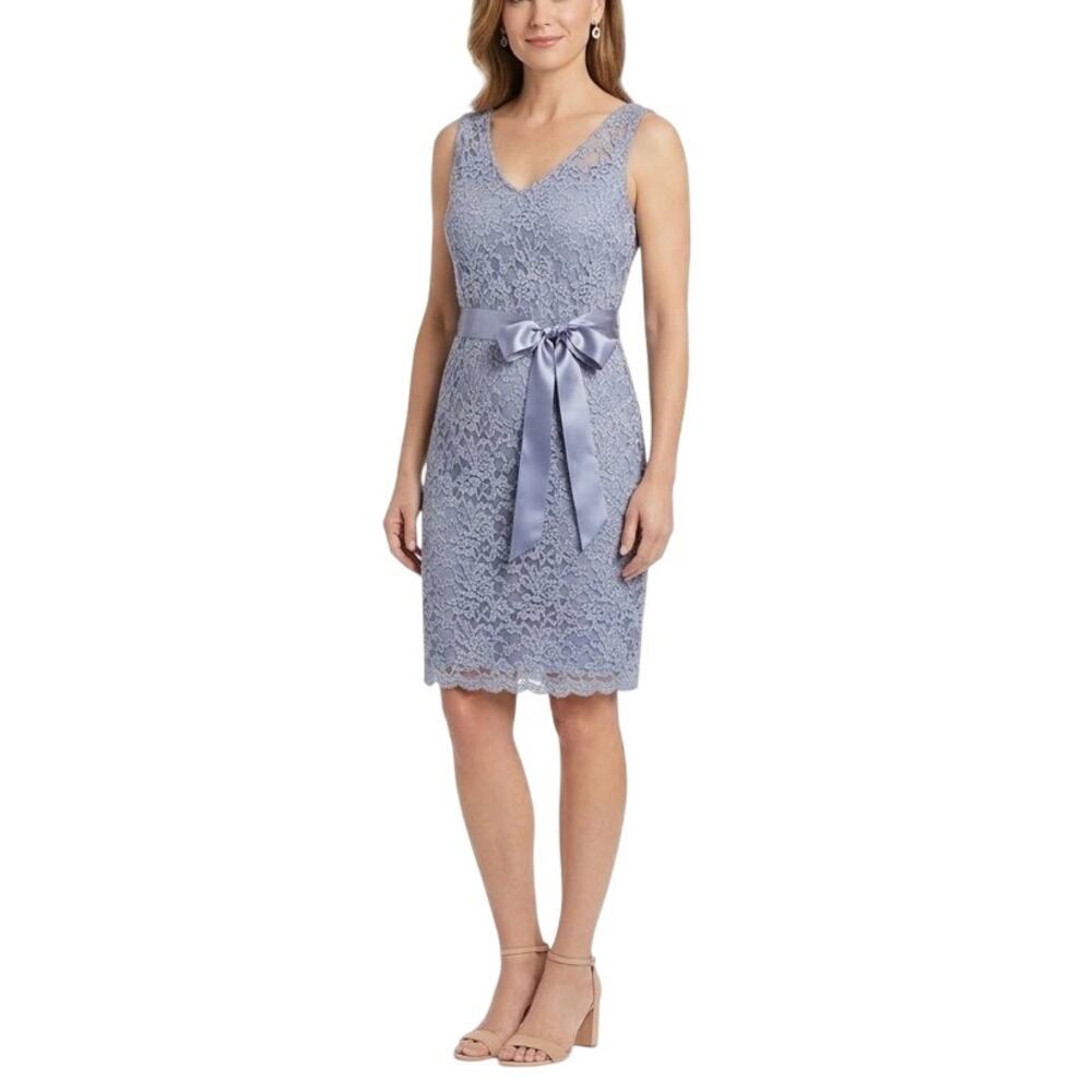 Adrianna Papell Purple Cocktail Dress Embroidered Lace Belted Sheath Size 8